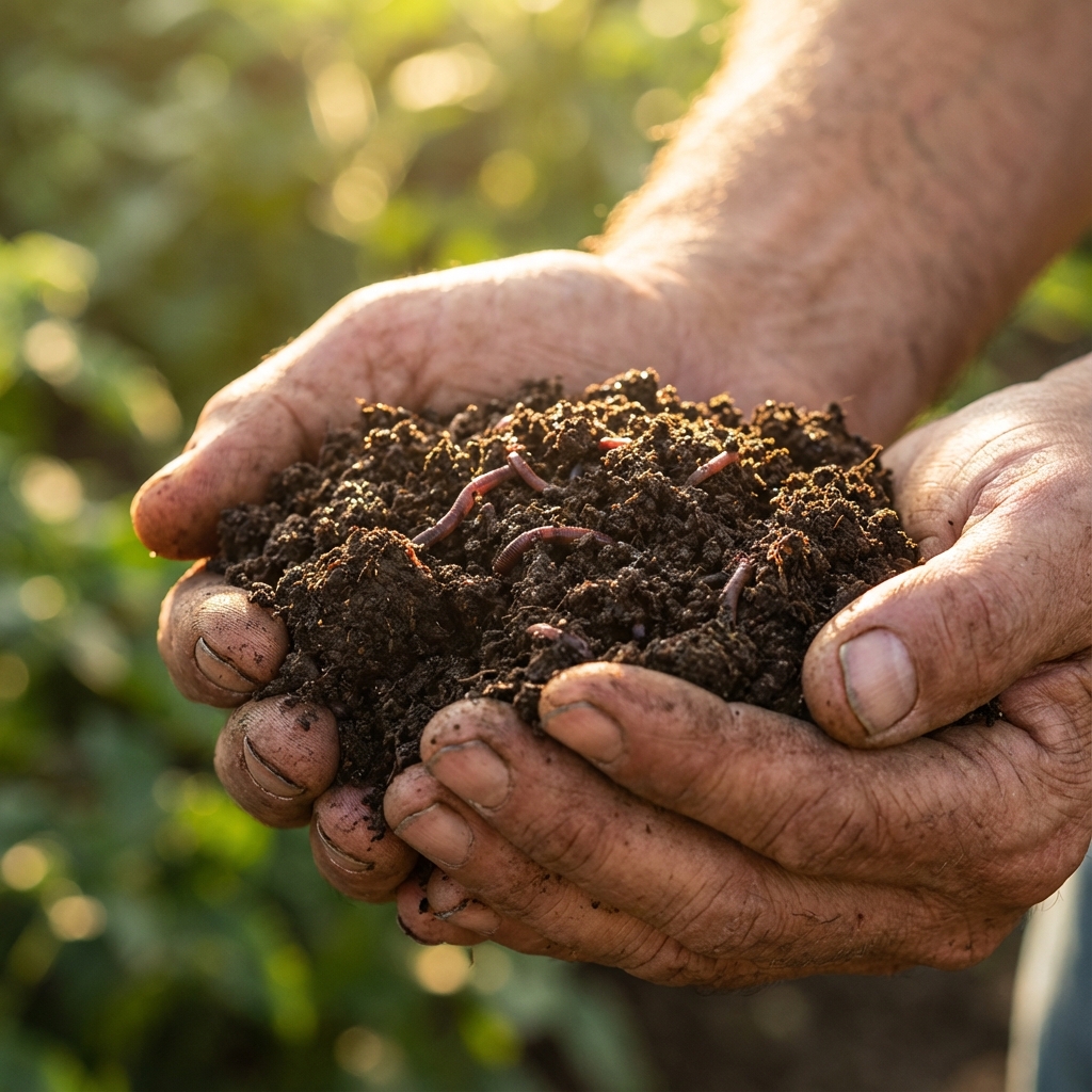Close up of rich vermicompost in hands