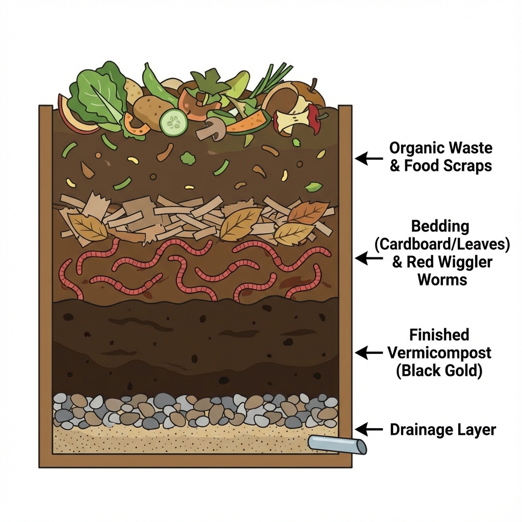 Cross section of vermicompost bed
